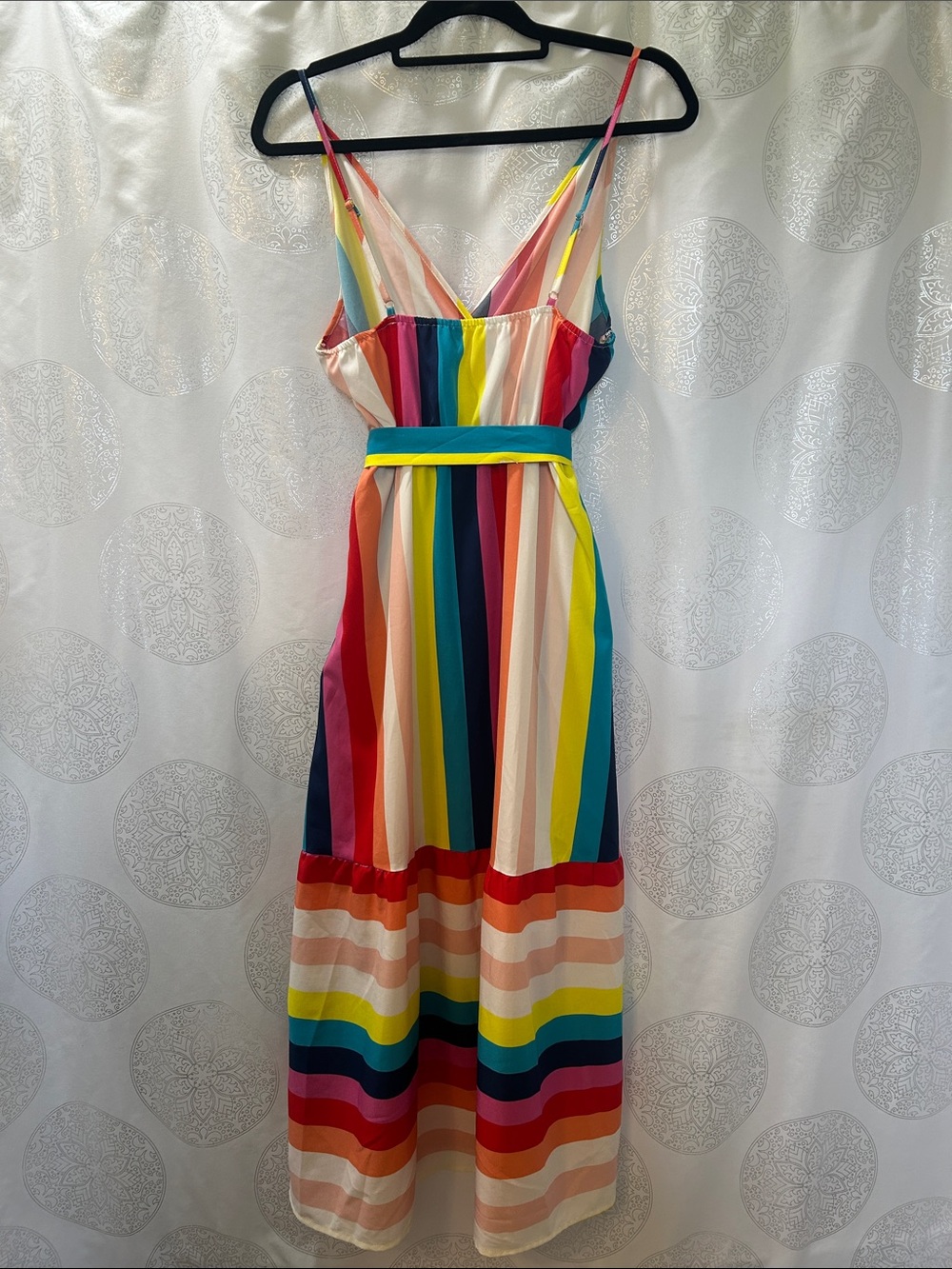 Rainbow Colorblock Striped Spaghetti Strap Maxi Dress Sundress Ruffle Belted L - Picture 10 of 12